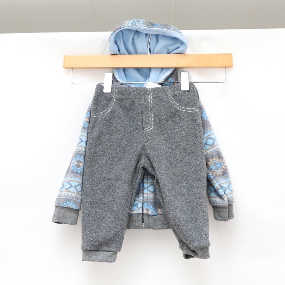 Monkey Bars set of fleece hoodie jacket and pants blue grey infant boy child